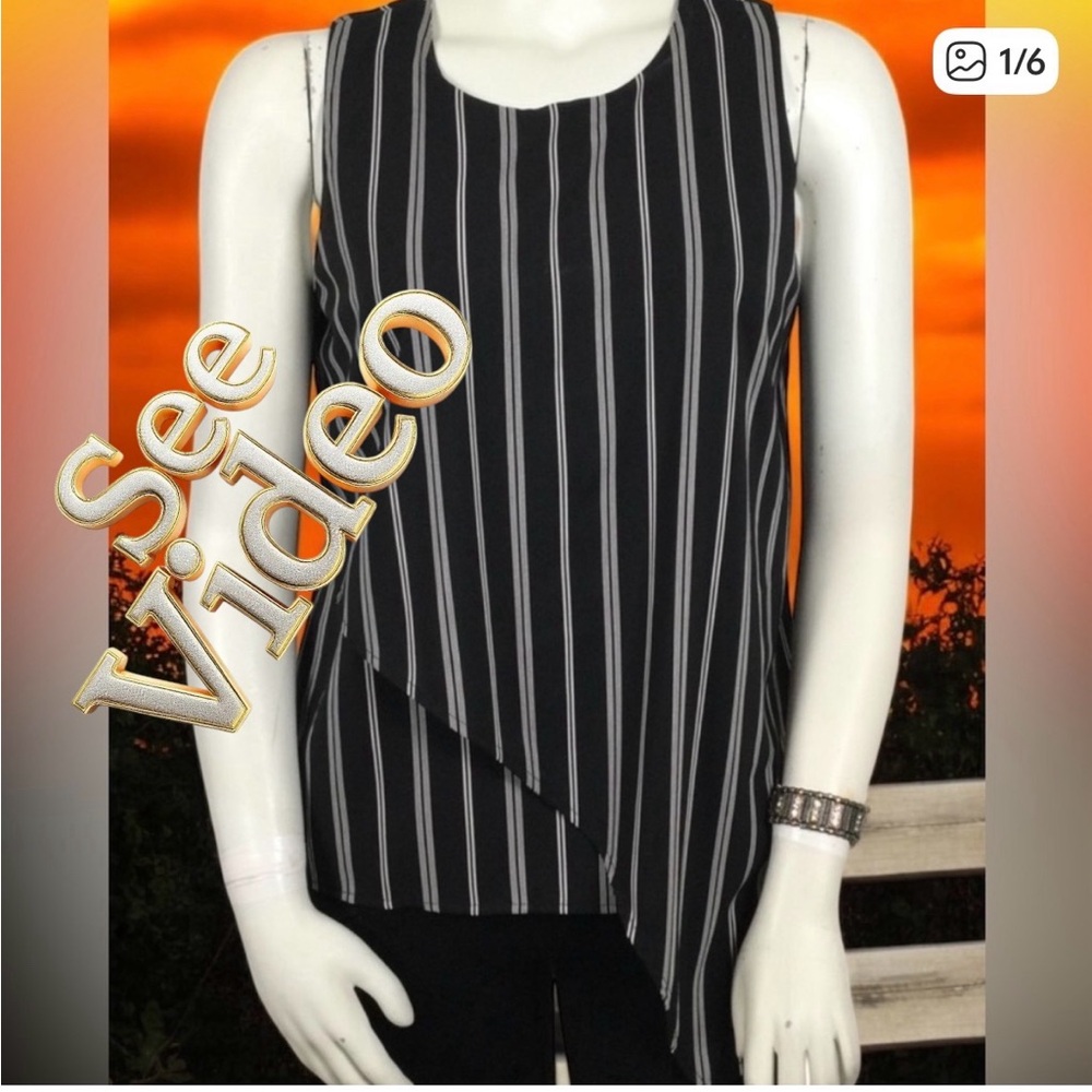 👛2/$20 GEORGE Sleeveless Asymmetrical Tiered Blouse, Black/White Vertical Stripe